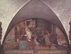 St. Antoninus Presenteert Zichzelf aan Paus Eugenius III als Ambassadeur, lunet door Bernardino Barbatelli Poccetti
