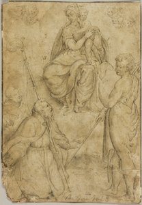 Zittende Maagd en Kind met bisschop en kloosterheilige, en de heilige Johannes de Doper door Bernardino Campi