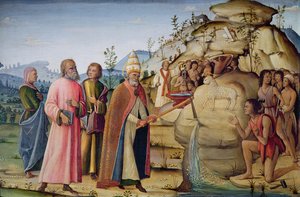 St. Clement slaat de rots onder het heilige lam (olieverf op linnen op paneel)