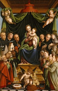 Madonna en Kind op de Troon met Heiligen en Schenkers door Bernardino Lanino