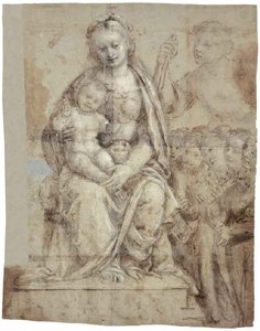 Madonna met kind, een krijgerheilige (Michael) en een groep aanbidders door Bernardino Lanino