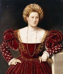 Portret van een Dame, driekwart lengte, in een bordeaux jurk met gespleten mouwen, handschoenen vasthoudend