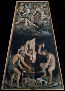 Goddelijke wapens gesmeed in de smidse van Vulcanus voor enkele engelen liggend in de wolken, detail (fresco) door Bernardino Luini