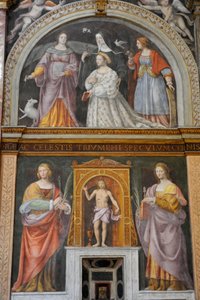 Sint Apollonia en Sint Lucia, bovenaan Ippolita Sforza omringd door heiligen en nonnen, fresco door Bernardino Luini in de kerk van Sint Maurice in het Maggiore Klooster, Milaan, Lombardije, Italië door Bernardino Luini