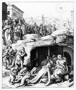 De aanbidding der wijzen, gegraveerd door Hendrik Goltzius, c.1585