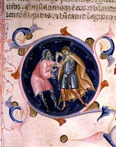 Miniatuur van twee ruziënde mannen, uit de Bijbel van Karel V van Valois door Bernardino da Modena