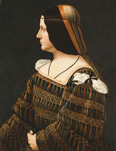 Portret van een dame, halve lengte, in profiel, in een zwarte jurk versierd met kant, met hangende kwasten en gespleten schouders en een oranje en grijze snood