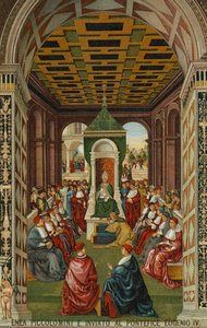 Enea Piccolomini voor paus Eugenius IV door Bernardino di Betto (after) Pinturicchio