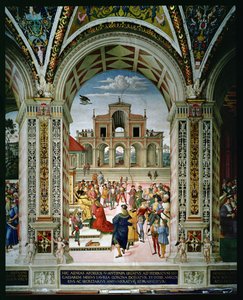 Aeneas Sylvius Piccolomini wordt tot Dichter Laureaat Gekroond door Frederik III in 1442 door Bernardino di Betto Pinturicchio