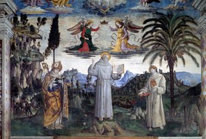 Glorie van Bernardino van Siena. Detail van heilige tussen Sint-Lodewijk van Anjou en Sint-Antonius van Padua