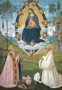 Madonna met Gregorius de Grote en Sint Benedictus door Bernardino di Betto Pinturicchio