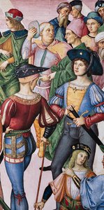 De Piccolomini-bibliotheek, noordoostmuur: Aeneas Sylvius wordt door keizer Frederik III tot dichterlaureaat gekroond, 27 juli door Bernardino di Betto Pinturicchio