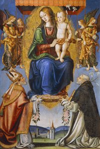 Madonna en Kind met St. Severino en Dominic door Bernardino di Mariotto