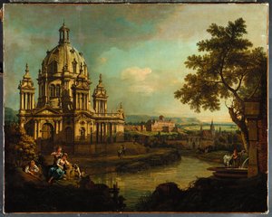 Een capriccio met een koepelkerk en gebouwen in Pirna door Bernardo Bellotto
