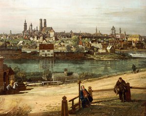 Uitzicht op München vanuit Haidhausen met de rivier de Isar in het midden (detail) door Bernardo Bellotto