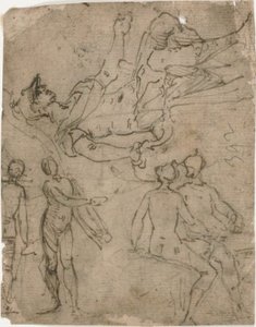 Schetsen van zittende krijger, verschillende figuren door Bernardo Castello