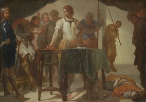 Mucius Scaevola confronteert koning Porsenna door Bernardo Cavallino