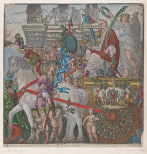 Blad 9: Julius Caesar in zijn door paarden getrokken wagen, uit De Triomf van Julius Caesar, 1599 door Bernardo Malpizzi