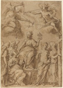 Ecclesia omringd door engelen met de instrumenten van de passie door Bernardo Strozzi