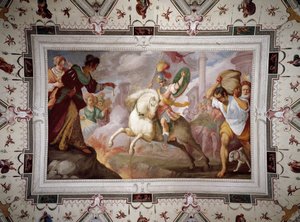 De dood van Marcus Curtius, Villa Centurione, Sampierdarena, 1613-15 door Bernardo Strozzi