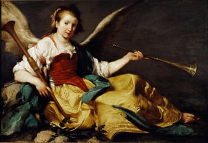 De allegorie van Roem. Ze houdt een trompet (linkerhand) en een houten chalemie (rechterhand)