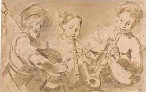 Drie muzikanten spelen hoorns en pijp door Bernardo Strozzi