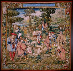 Vlaams wandtapijt. Serie De Stichting van Rome: Faustulus ontmoet Romulus en Remus. Tekenaar Barend van Orley (?). Brusselse manufacture. 1525-1530. door Bernart van (attr. to) Orley