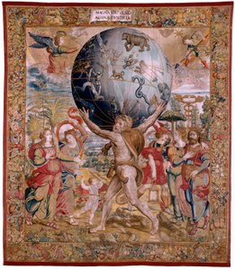 Vlaams wandtapijt. Serie De Sferen. Hercules ondersteunt de hemelbol. Eerste wandtapijt in de serie. Model Barend van Orley of Pieter Coecke van Aelst. 1525-1530. Manufacture Joris Vezeleer (Georg Wezeler)?