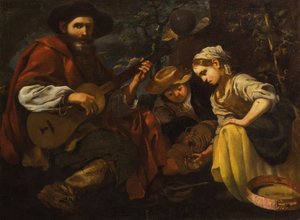 Gitaarspeler met jongen en meisje (Allegorie van horen en proeven) door Bernhard Keil