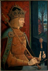 Keizer Maximiliaan I, met kroon, scepter en zwaard door Bernhard Strigel