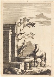 Paard en ruiter bij een fontein