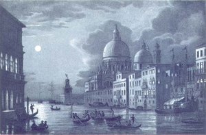Nachtelijke Scène van het Grote Kanaal en Santa Maria della Salute, Venetië, gegraveerd door Brizeghel