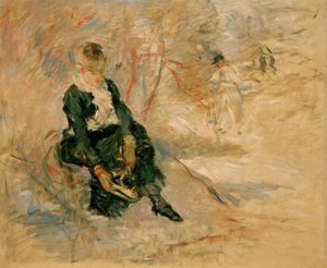 Jonge vrouw die haar schaats aandoet door Berthe Morisot