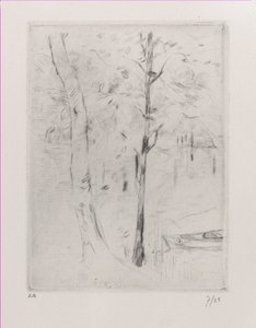 Landschap boomstammen bij een rivier, 1888 door Berthe Morisot