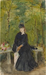 De zus van de kunstenaar Edma zittend in een park door Berthe Morisot