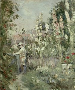 Jonge jongen in de stokrozen door Berthe Morisot