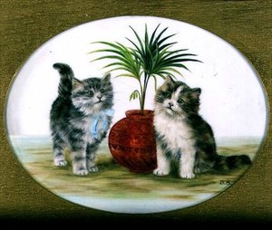 Kittens bij een Palm in een Kom door Bessie Bamber