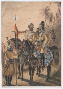 Twee bereden officieren en een afgestegen sowar, 4e Bengaalse onregelmatige cavalerie, c.1850 (aquarel) door Bethune Donald Grant