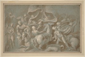 Battle Scene (penseel en bruin gewassen met witte gouache over zwart krijt op blauw papier) door Biagio Pupini