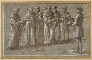 Zes professoren in de anatomie, die een schedel en gevilde ledematen bespreken door Biagio Pupini