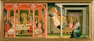 Scènes uit het verhaal van Tobias: hij trouwt met Sarah ... (schilderij op hout) door Bicci di Lorenzo
