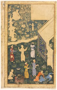 Muzikanten en bedienden buiten een koninklijk kampement recto, ca. 1485