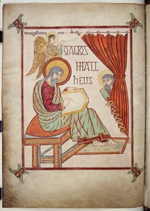 St. Matteüs, schrijvend, met zijn symbool, uit de Lindisfarne-evangeliën, 710-721