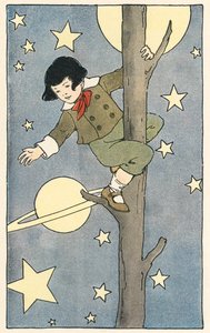 Jongen klimt in een boom tussen de sterren en planeten