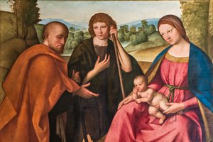 Aanbidding van de herders Madonna met het kindje Jezus en twee herders (detail)