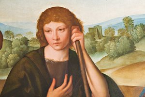 Aanbidding van de herders Madonna met het kindje Jezus en twee herders (detail) door Boccaccio Boccaccino