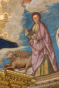 Apsis, Catino Apsis, Pantocrator tussen Heiligen Marcellino, Imerio, Omobono, Peter Exorcist (detail St. Omobono) door Boccaccio Boccaccino