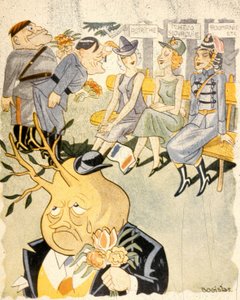 Cartoon die Duitsland afbeeldt dat vrouwen het hof maakt, als personificaties van Oostenrijk, Tsjechoslowakije en Roemenië door Bogislas