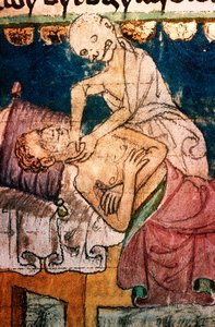 De dood wurgt een pestslachtoffer - Miniatuur uit het codex Stini, Bohemen door Bohemian School