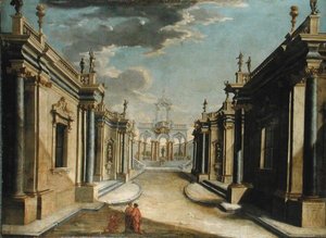 Een architectonische capriccio die het verhaal van de dochters van Minyas uitbeeldt door Bolognese School